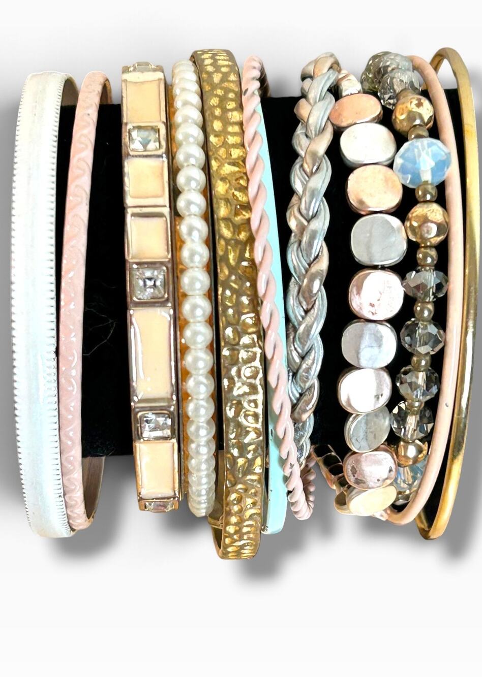 Mixed Bracelet Stack Lot Pink Gold Tone Faux Pearl Beaded Bangles Stretch Hinge